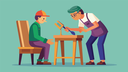 A carpenter hard at work carefully shaping a wooden chair with hand tools as his apprentice looks on.. Vector illustration