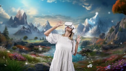 Excited smiling woman looking by VR surround wonderful fairytale forest mountain ice wonderland...