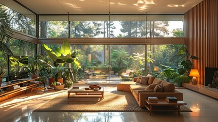 Mid century modern interior home large windows with green plants furnished. Modern. Cool. Generative AI.