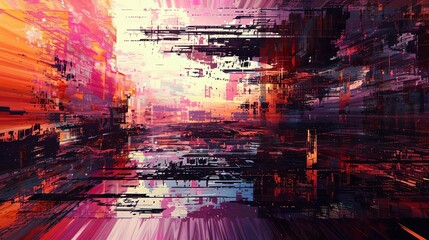 an abstract cityscape featuring a towering skyscraper, a bustling street, and a serene river flowin