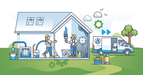 Water damage services to remove mold and moisture from house outline concept. Pipe leakage problem consequences and emergency plumber service vector illustration. Work with accident inspection.