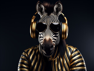 A zebra wearing headphones and sunglasses