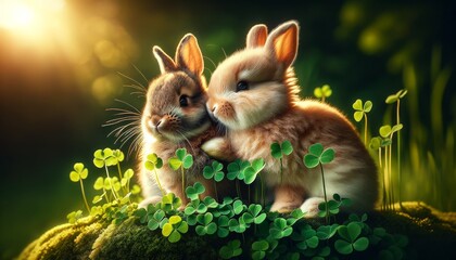 A close-up, detailed image of two bunnies, one with a paw gently on the other, sitting side by side on a patch of clover.