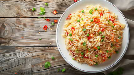 rice with vegetables and meat blow on wodden table 