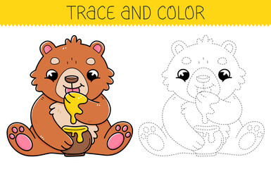 Trace and color coloring book with bear and honey for kids. Coloring page with cartoon bear eating honey.