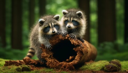 A detailed and focused image of two raccoon siblings playfully exploring a hollow log in a forest setting.