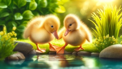 A close-up, detailed image of two fluffy ducklings pecking playfully at each other beside a small pond.
