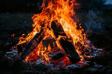 Bonfire in the forest at night,  Close-up image