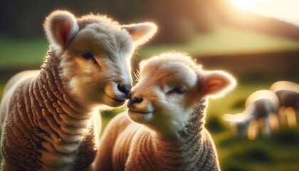 A close-up, detailed image of two lambs nuzzling each other in a meadow, with soft, warm lighting that highlights the texture of their wool and the ge.