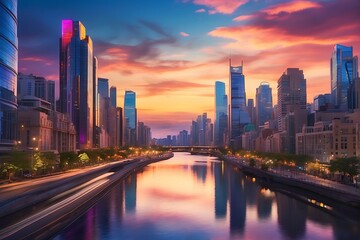 Naklejka premium city river at night : Twilight Metropolis Urban Splendor at Sunset