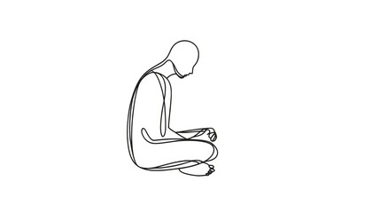 A minimalist line drawing of a contemplative figure, sitting with legs crossed, drawn with sparse lines.