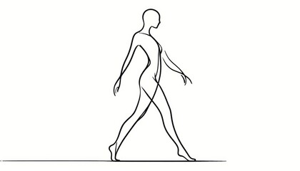 A minimalist line drawing of a figure captured in a walking stride, portrayed with elegant, minimal lines.