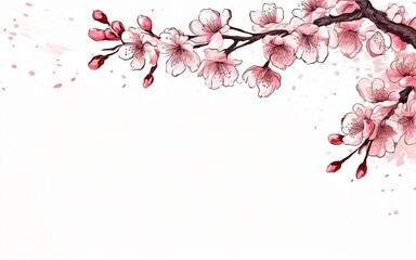 Watercolor hand painted cherry blossom frame, white background, empty space for design.