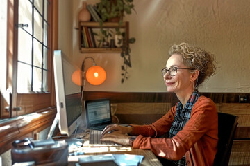 An image capturing the new normal, a mature woman working comfortably from her well-lit home office