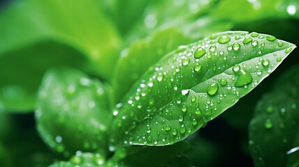 Closeup of dew on vibrant green leaves, shimmering under morning sunlight, with space for text on the upper half, perfect for environmental themes