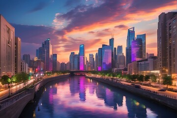 Obraz premium country skyline at night : Twilight Metropolis Urban Splendor at Sunset