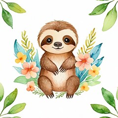 Obraz premium Cute Sloth sitting on Spring Flowers. Watercolor Clipart, Whimsical watercolor playful baby sloth