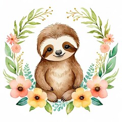 Obraz premium Cute Sloth sitting on Spring Flowers. Watercolor Clipart, Whimsical watercolor playful baby sloth