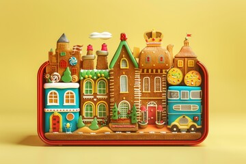 A small red box with a city scene inside