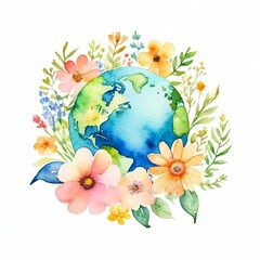 Earth with flowers, save world concept , earth day, Watercolor hand painted planet Earth on white background. Can be used for pattern, stickers, decoration. 