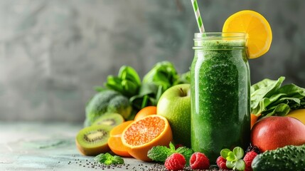 A vibrant green smoothie sits in the center, surrounded by an assortment of fresh fruits and vegetables, creating a colorful and healthy display