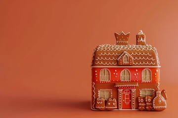 A gingerbread house is displayed on a colorful background