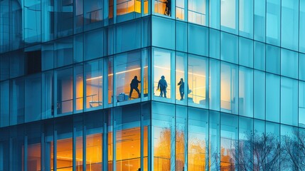 Office buildings, where people working in the office can be seen through the window glass, and workers cleaning the glass outside the office building. Generative AI.
