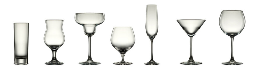 Silhouette of clear various glasses isolated on white background
