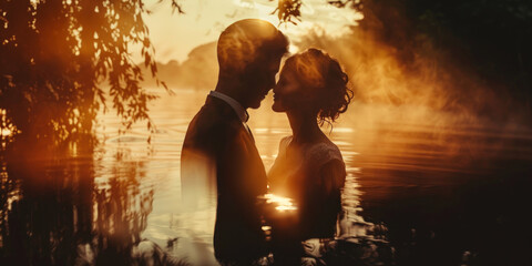 Newlyweds in love in front of a lake, fog rising in the evening light, double exposure
