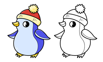 Penguin in the hat coloring book with coloring example for kids. Coloring page with penguin in the hat. Monochrome and color version. children's illustration.