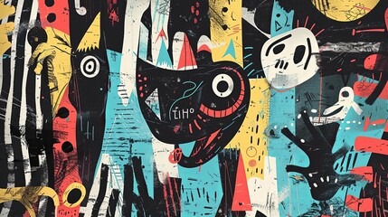 a black cat with white eyes stands in front of a colorful wall adorned with cartoon characters, inc