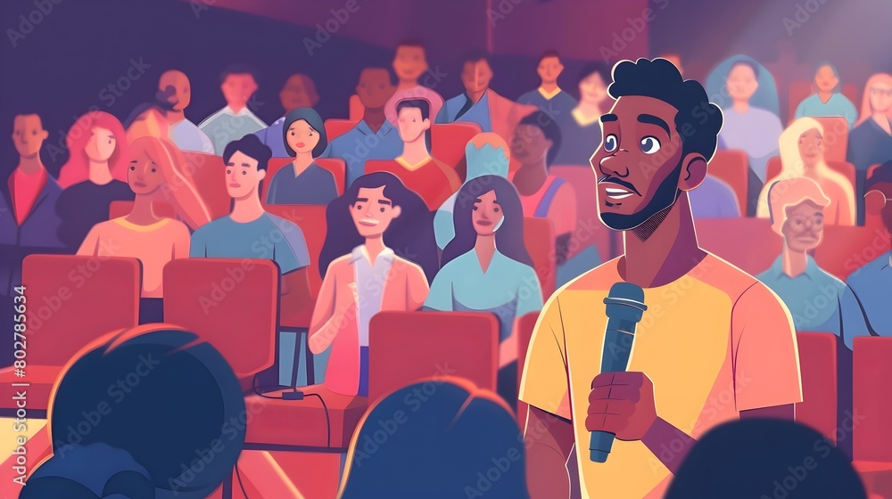Aufkleber animated male attendee approaching microphone during qa session in cartoon style