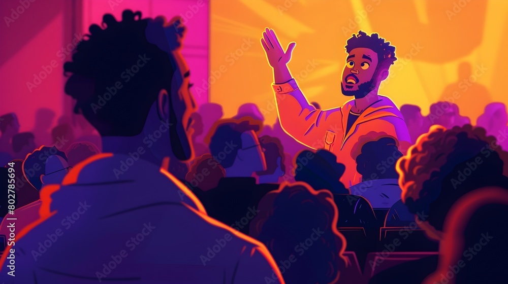 Aufkleber animated of man raising hand during interactive qa discussion with diverse audience