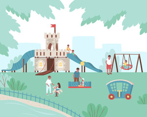 Children play on the playground in the park. A fortress for fun outdoor games. A gazebo with a horse, fun slides and a sandbox. Flat vector illustration