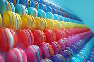 A row of colorful macarons on a colorful background