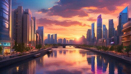 sunset over the river : Twilight Metropolis Urban Splendor at Sunset