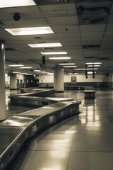 Wander through the silent baggage claim area of an empty airport terminal, where luggage carousels sit still and silent against the backdrop, Generative AI
