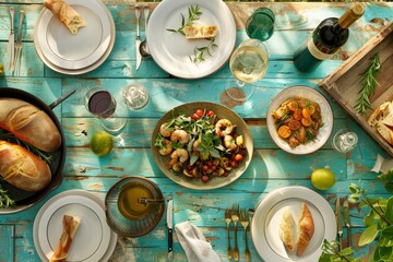 A table with a variety of food and drinks, including a bowl of hummus