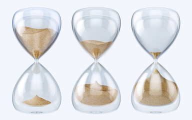 3D images of sand hourglasses with running sand, isolated on a light background. Sand clock symbolizing the fleeting nature of time, counting down deadlines, illustrating the proverb "time is money" 