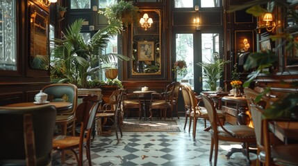 A beautiful coffee shop with a long history, a interior unified with calm dark colors, antique furniture that gives you a sense of history. Generative AI.