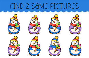 Find two same pictures is an educational game for kids with cute penguin with ice cream. Cute cartoon penguin.