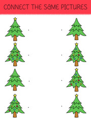 Connect the same pictures game with cartoon christmas tree. Children's game with cute christmas tree.