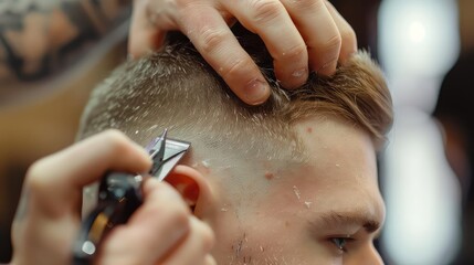The barber using clippers to neatly shape the sides of the young man's hair. 