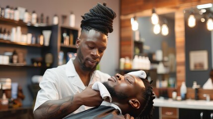 A stylish African American barber offering a hot towel treatment to a customer, adding a luxurious touch to the grooming experience. - Powered by Adobe