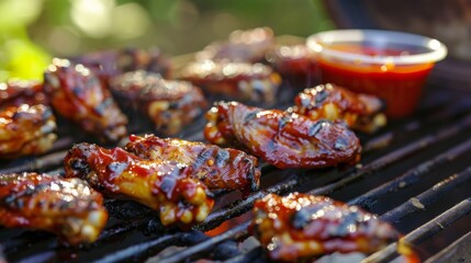 An outdoor barbecue party with a spread of grilled chicken wings, hot off the grill and ready to be enjoyed with dipping sauces.