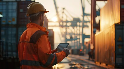 A captivating shot capturing an engineer using a digital tablet to coordinate operations with a dock worker in the shipyard.