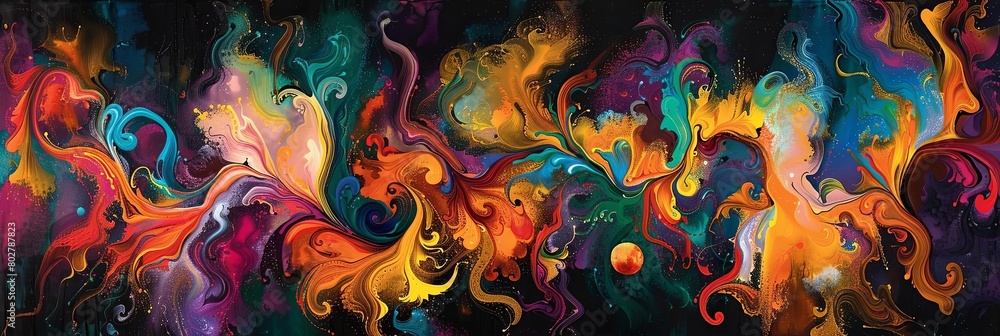 Poster an abstract painting featuring a colorful array of shapes and sizes, including a triangle, a square