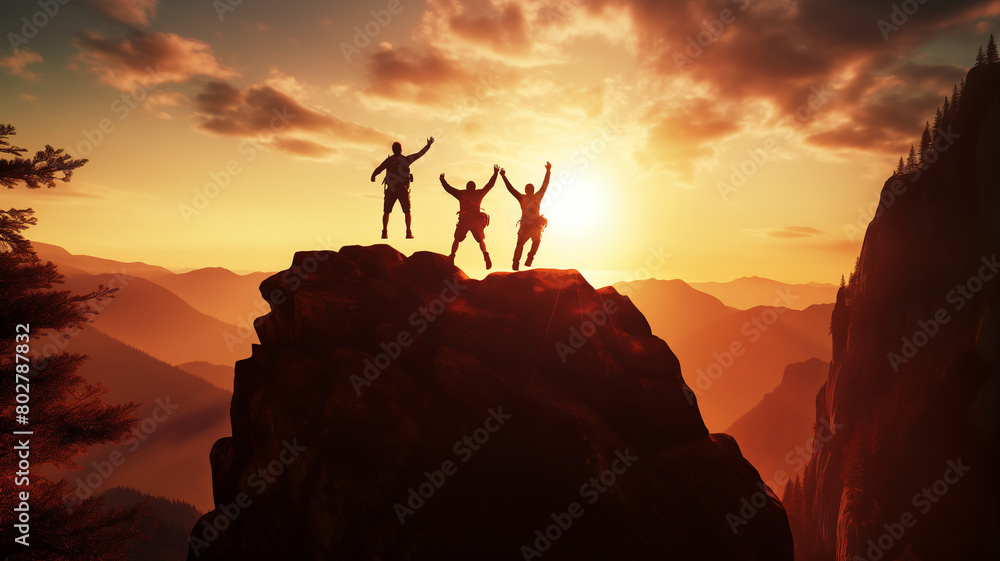 Wall mural Silhouette three climbers rise hands together after successfully climbing on the top of the mountain, fighting spirit and togetherness theme..