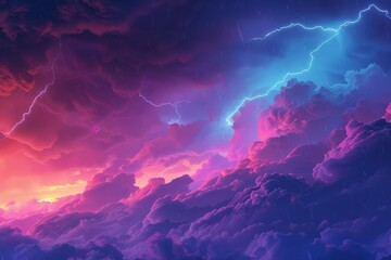 A stormy sky with purple and blue clouds and lightning bolts