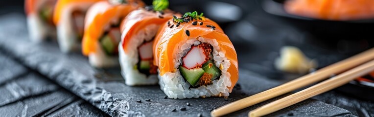 A close up view of sushi rolls with avocado and cucumber on a plate, accompanied by chopsticks - Powered by Adobe